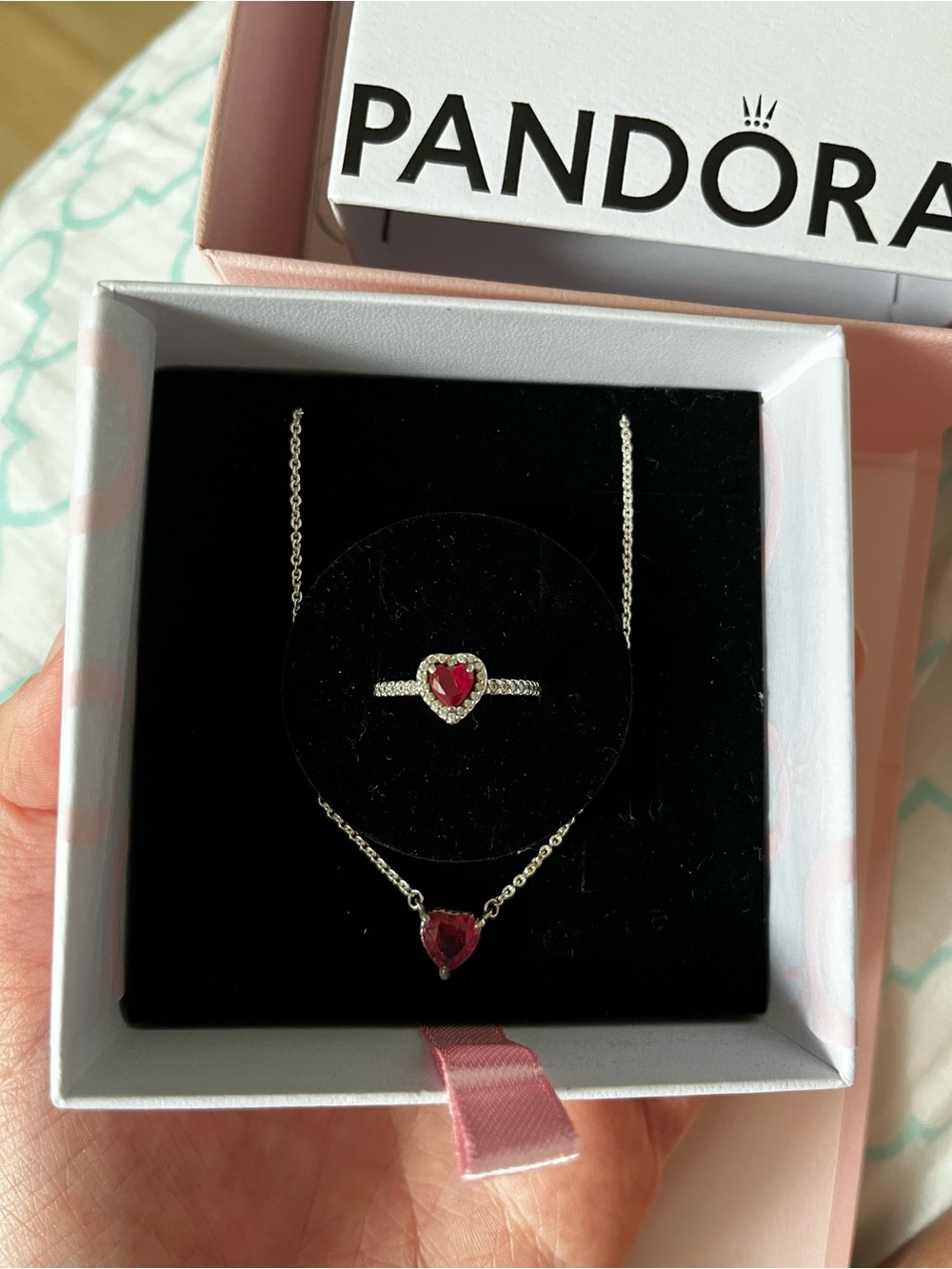 Pandora Heart Ring and Necklace Set in Red and Silver